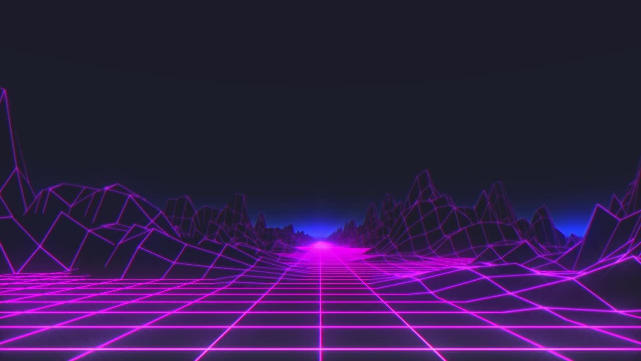 Aerial view. Flight over the grid and mountains, 80s Retro Sci-fi