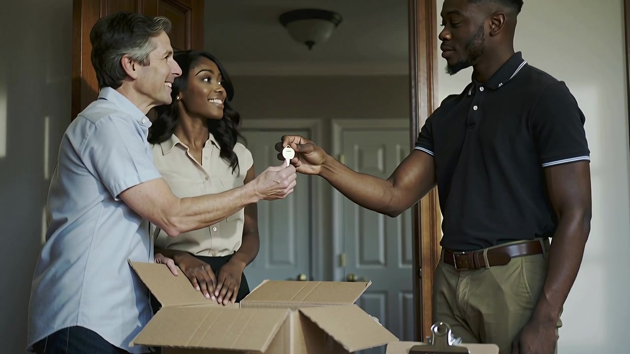 Offering agent polo presenting keys at entry, couple reaching for keys opening boxes for move-in
