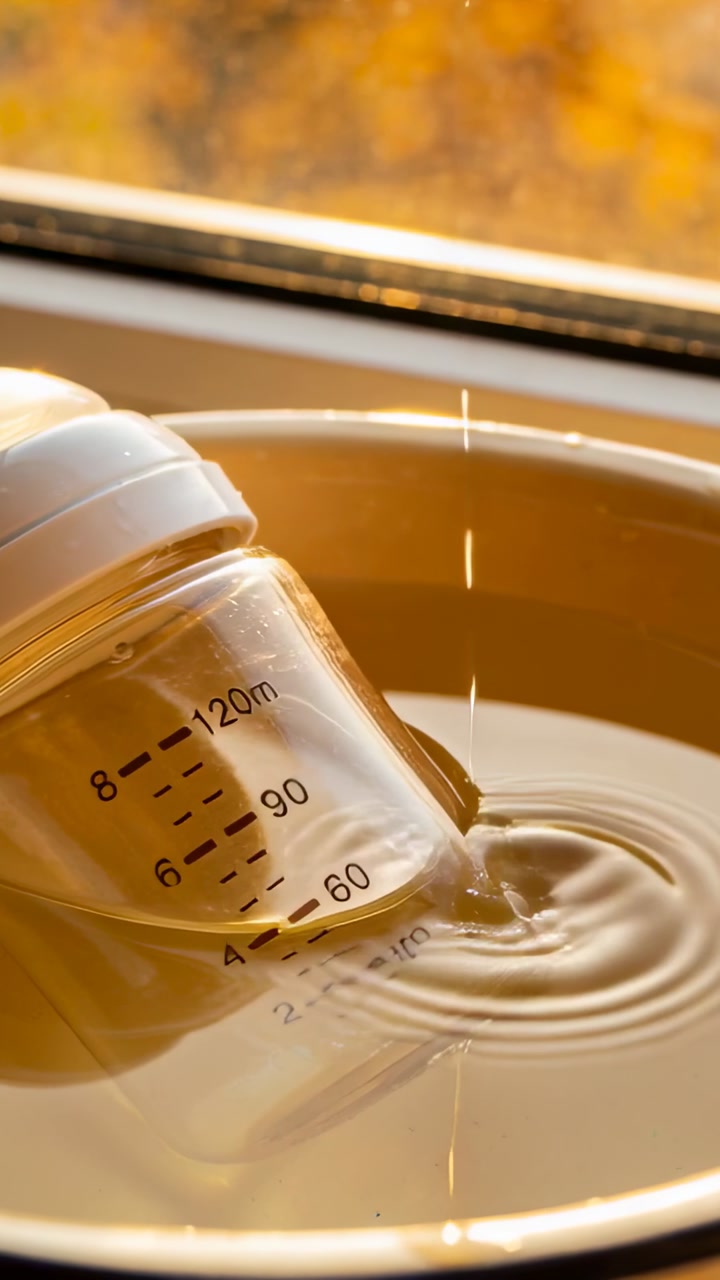 Vertical video: Falling droplet making splash and ripples near tilted feeding-bottle on sill 120ml