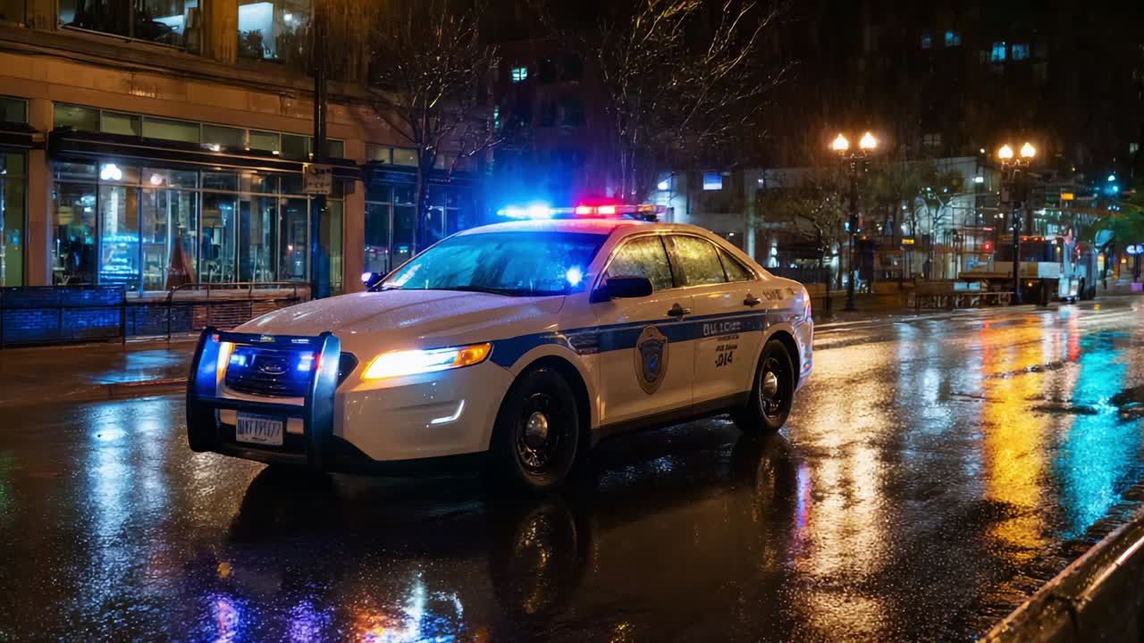 Illuminated police car parked on a rain-soaked city street at night, showcasing vibrant blue and red lights, reflecting off the wet pavement, creating a dramatic urban atmosphere and a sense of safety