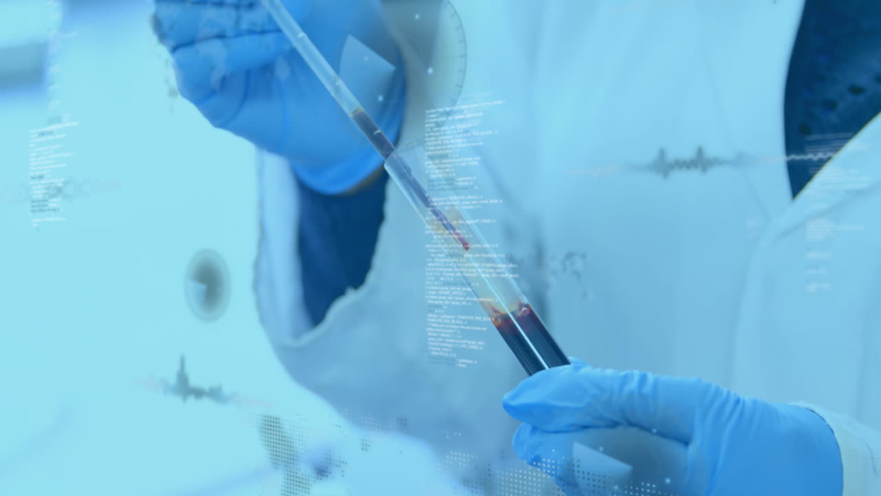 Animation of statistics recording and data processing over scientist holding test tube in laboratory
