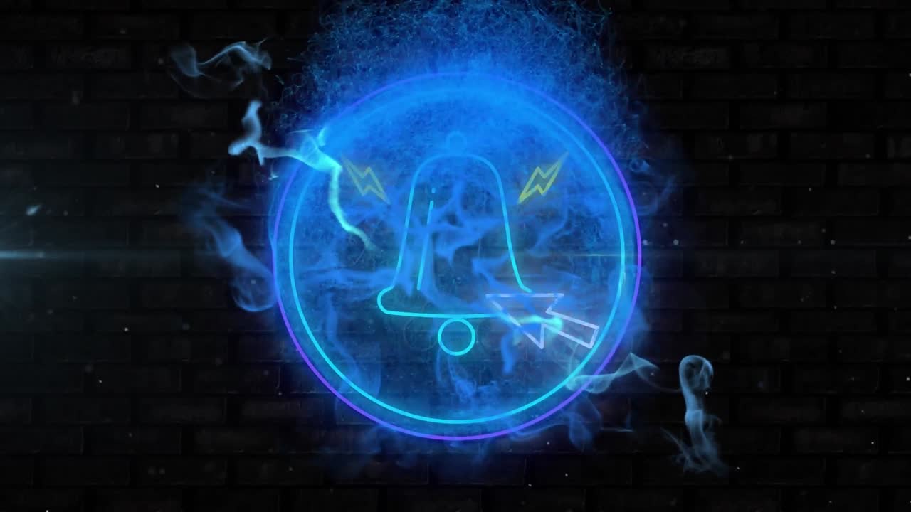 animación digital de ondas digitales azules sobre el icono de la campana de notificación azul de neón contra la pared de ladrillo