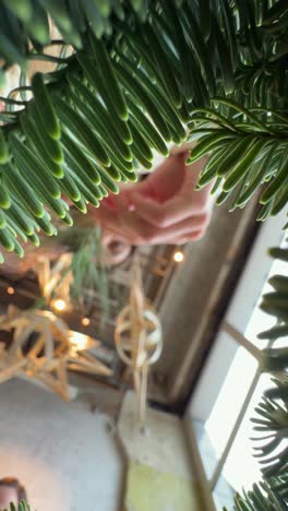 close-up view of a christmas tree with hands