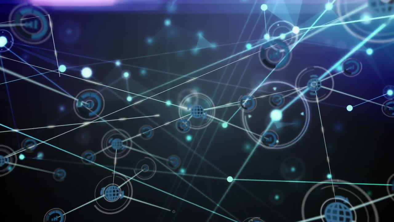 animación de la red de conexiones con iconos y rastros de luz sobre fondo negro