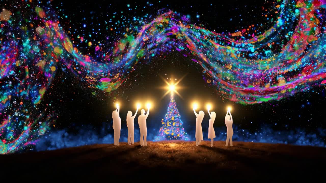 A Magical Christmas Celebration: A Group of Figures Illuminating a Colorful Christmas Tree Under a Starry Sky with Vibrant Colorful Swirls of Light Creating a Festive Atmosphere of Joy and Togetherness
