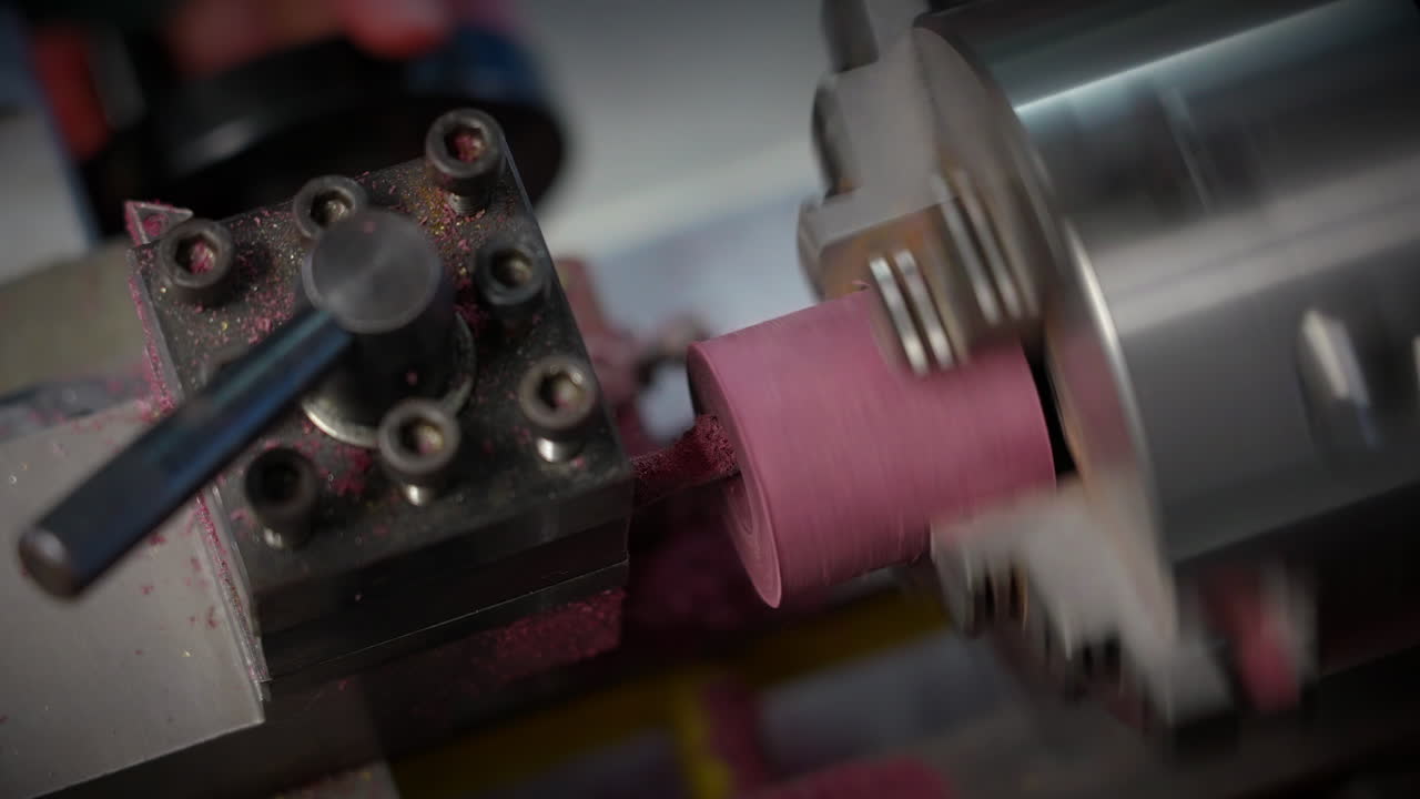 Closeup Of Wood Lathe At Work Shaping A Spinning Pink Cylindrical Material. high angle, slow motion