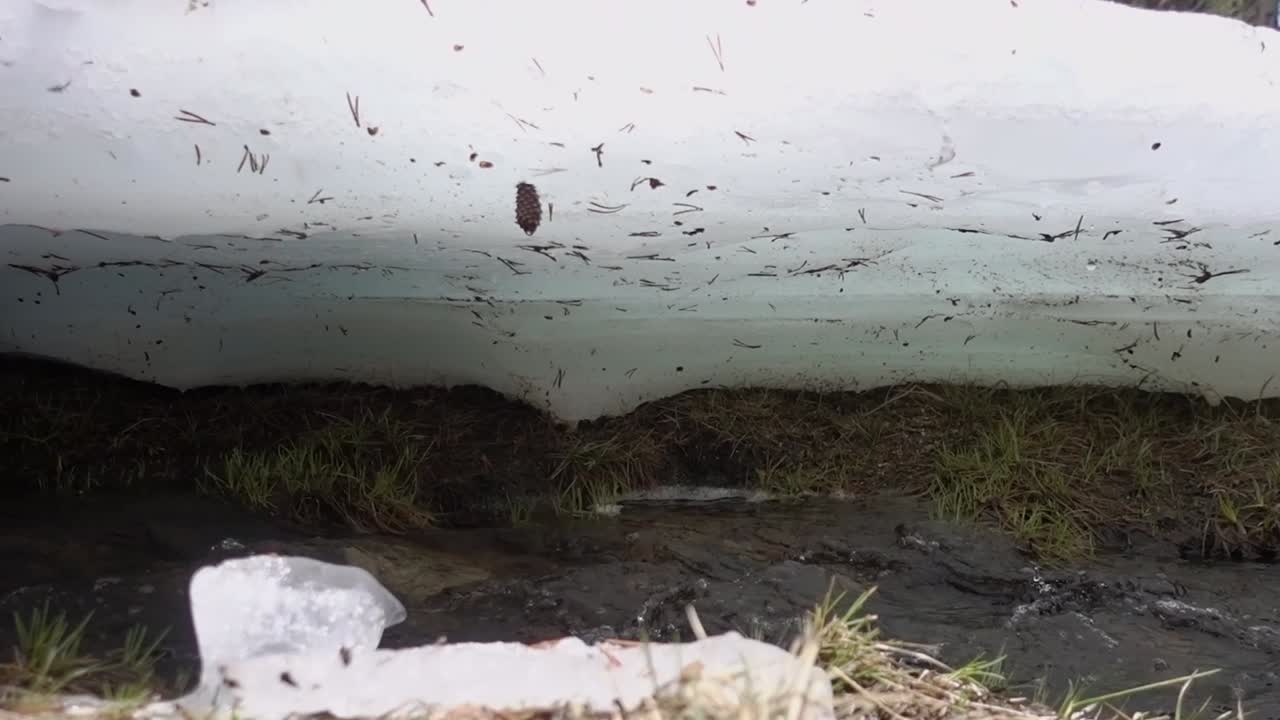 천천히 녹는 개울 한쪽 위의 빙붕