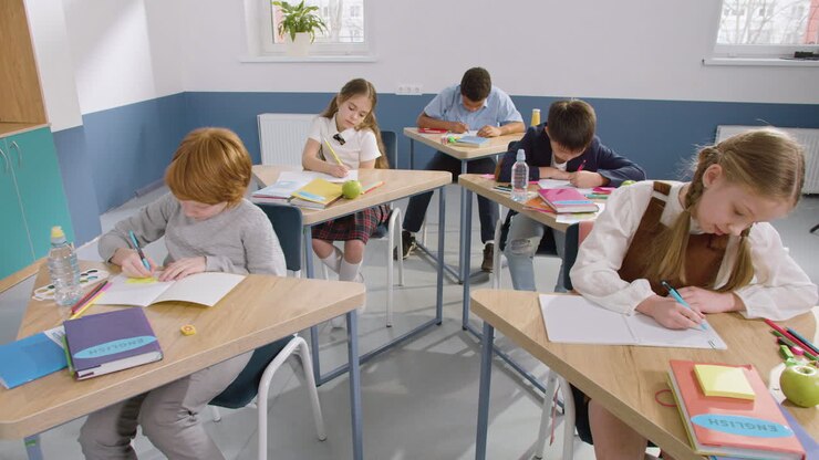 Grupo multiétnico de estudiantes sentados en pupitres en un aula de inglés escribiendo en sus cuadernos, luego levantan los brazos para responder a la pregunta de la profesora