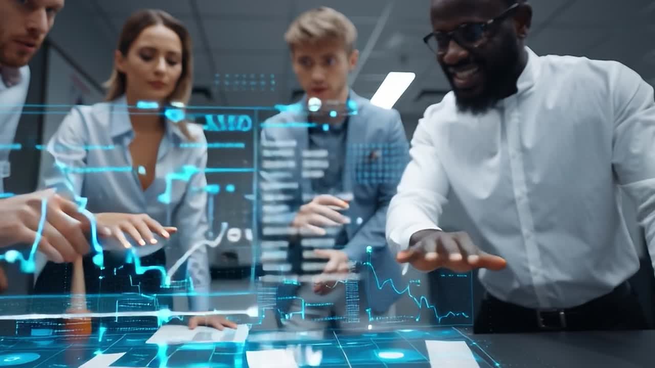 Team analyzing data trends during a strategy meeting in a modern office