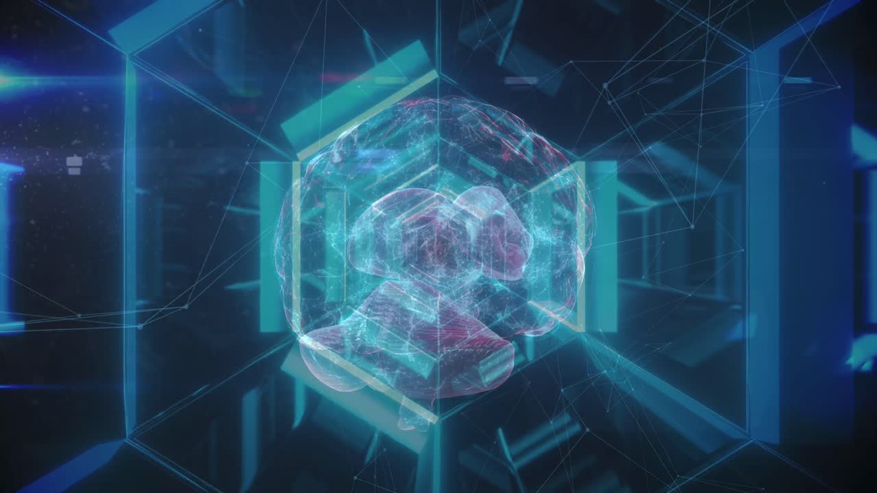 검은색 바탕에 네온 육각형과 뇌로 만든 터널의 애니메이션