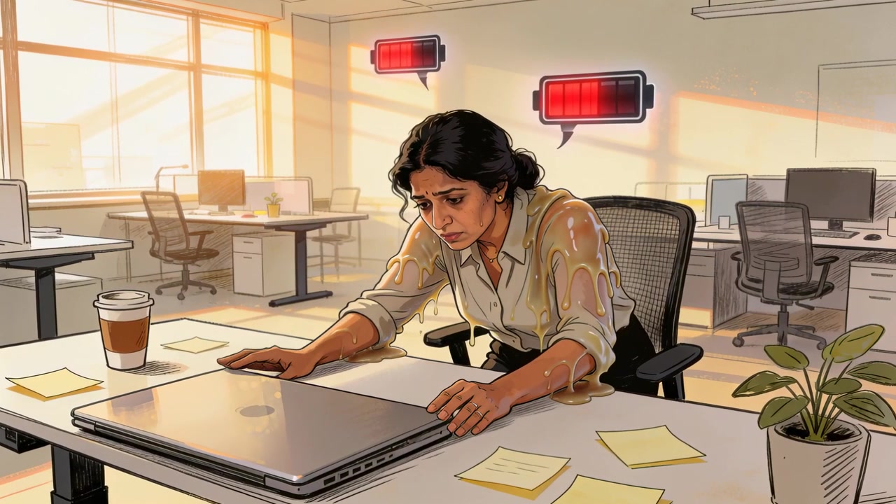 Reacting to low-battery icons, woman in white shirt pressing laptop at sunlit office, spilling wax