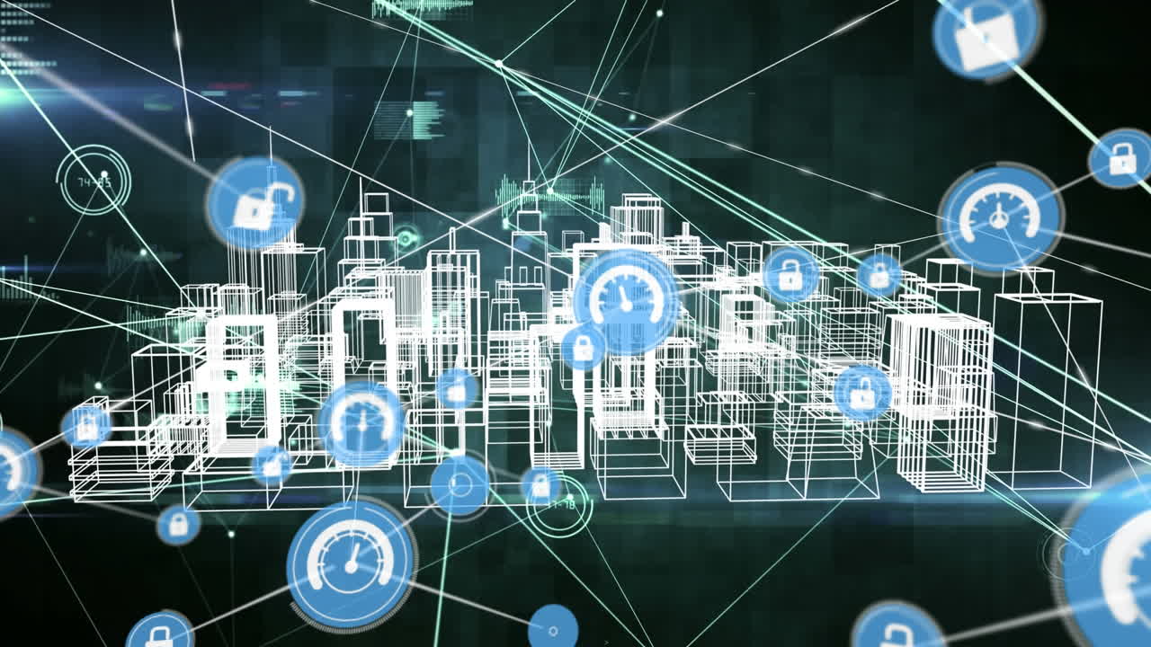 검은색 배경에 디지털 도시에 대한 연결 네트워크의 애니메이션