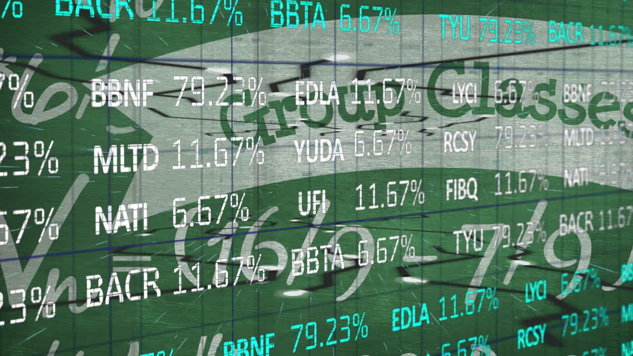 Animation of fluctuating stock market data displayed over green financial background