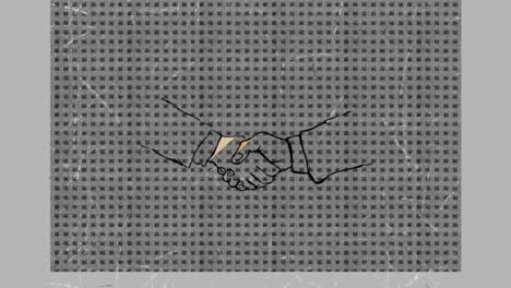 Animation-of-scratches-over-hands-of-two-formal-business-people-shaking-hands,-over-grey-texture