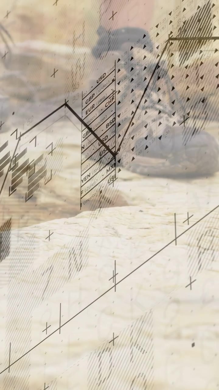 Vertikal video: Mannlig turgåer planter støvelen på sandete stein mens data animerer et HUD-diagram for finans.
