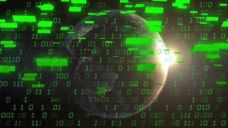 Sun flare sparking green binary stream falling and covering Earth, showing data overlay in orbit