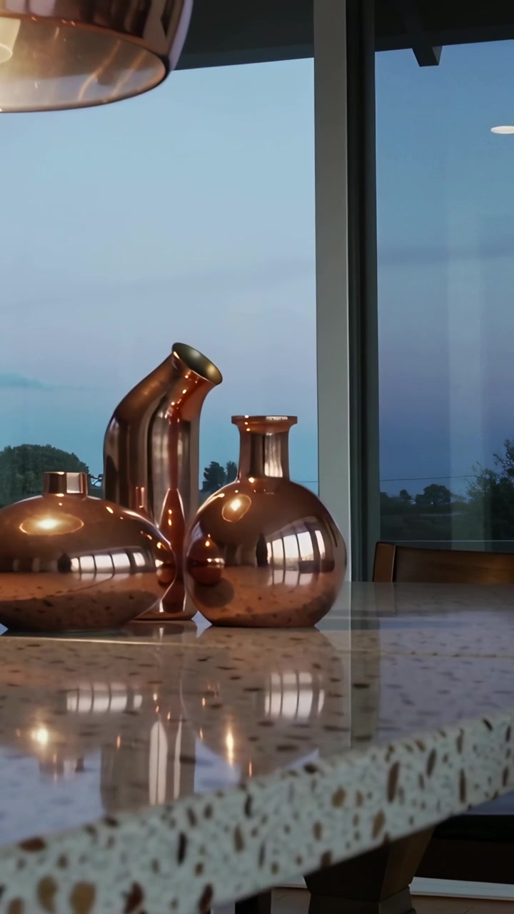 Vertical video: Panning camera showing three copper vases on terrazzo, lamp reflecting dusk sky