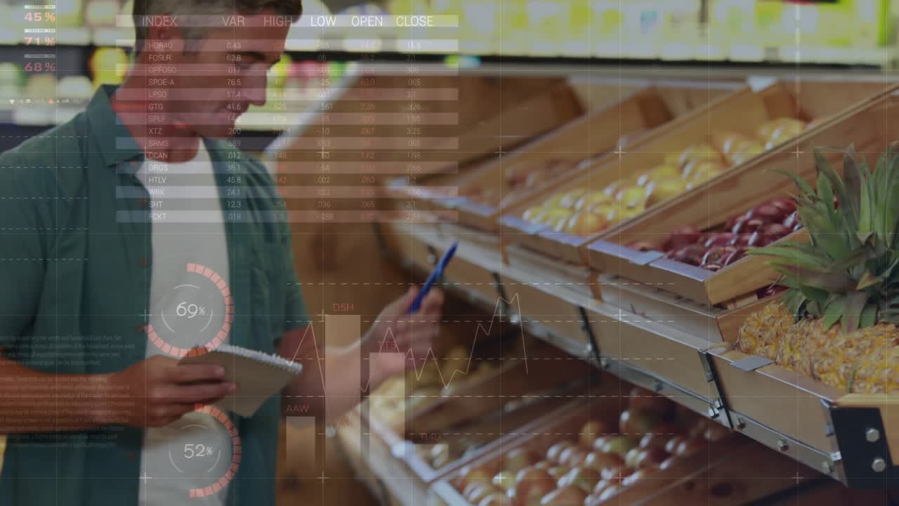 Mature man reading notes and checking produce, selecting pineapple while charts overlaying subject