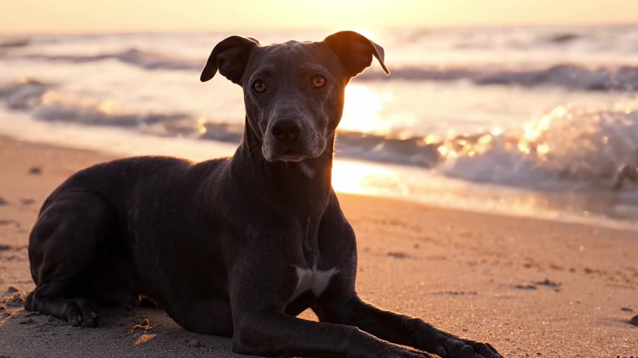 Un momento sereno catturato al tramonto, che mostra un cane calmo che riposa sulla spiaggia sabbiosa, crogiolandosi nel caldo bagliore del sole al tramonto e nel suono ritmico delle onde dell'oceano