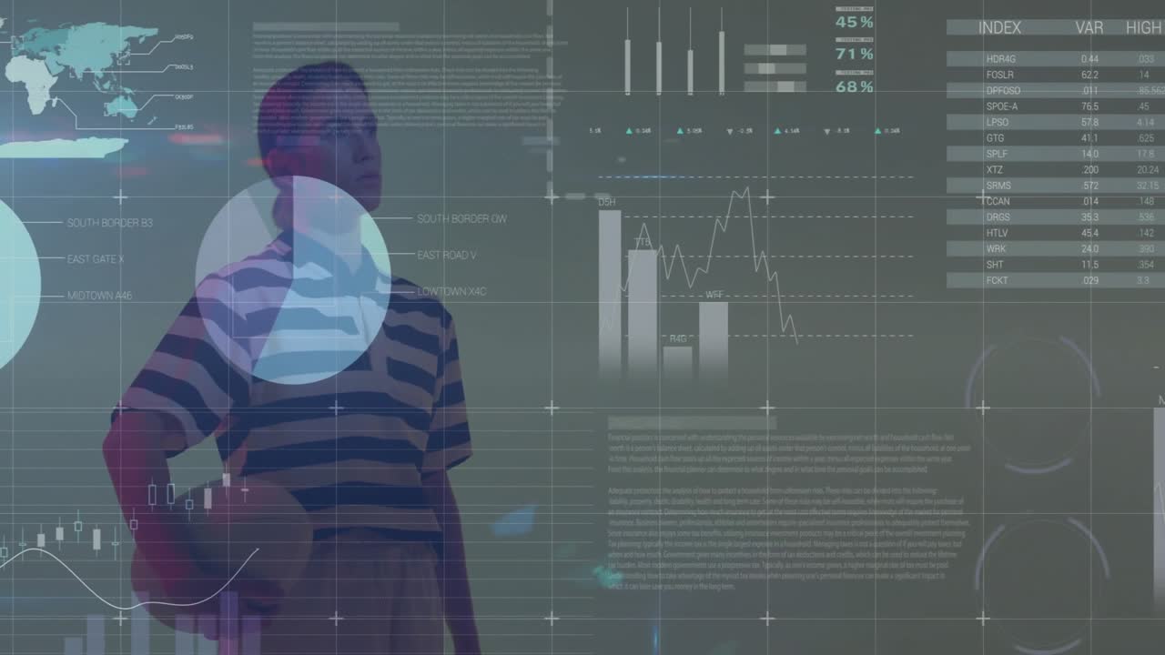 woman holding soccer ball standing in studio, showing tech dashboard with world map and bar charts