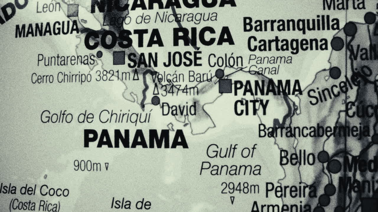 Close-up of a monochrome map showing Central America, including Panama, Costa Rica, and Nicaragua