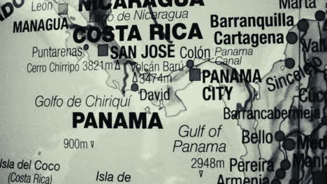 close-up of a monochrome map showing central america, including panama, costa rica, and nicaragua
