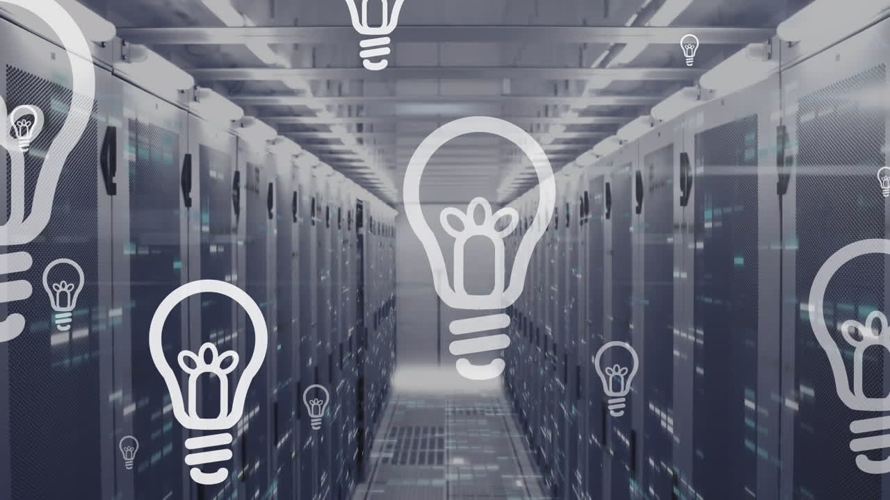Animation of multiple electric bulb icons floating and mosaic squares against computer server room