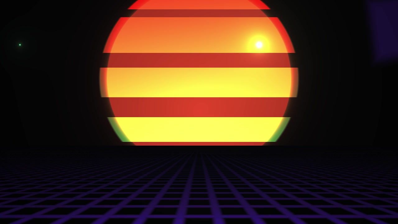 Sole e griglia retro synthwave con effetto glitch