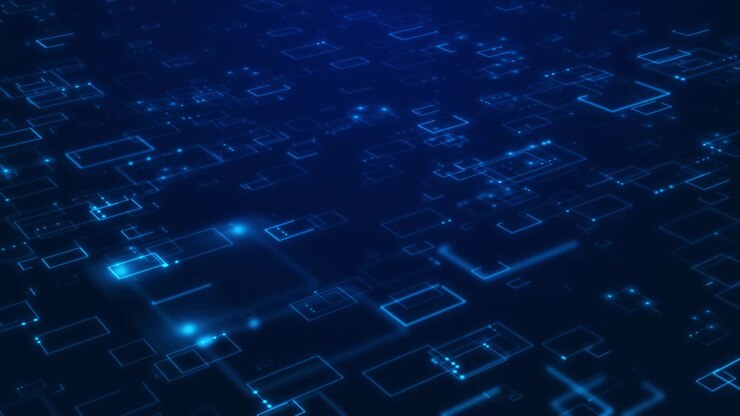 Rete a griglia tecnologica luminosa, percorsi quadrati blu, nodi fluttuanti e profondità del pavimento digitale astratta.