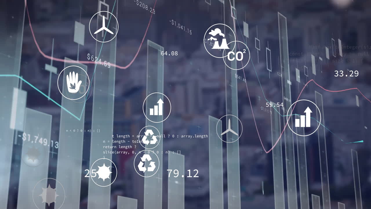Animation of eco icons and financial data processing over dark background