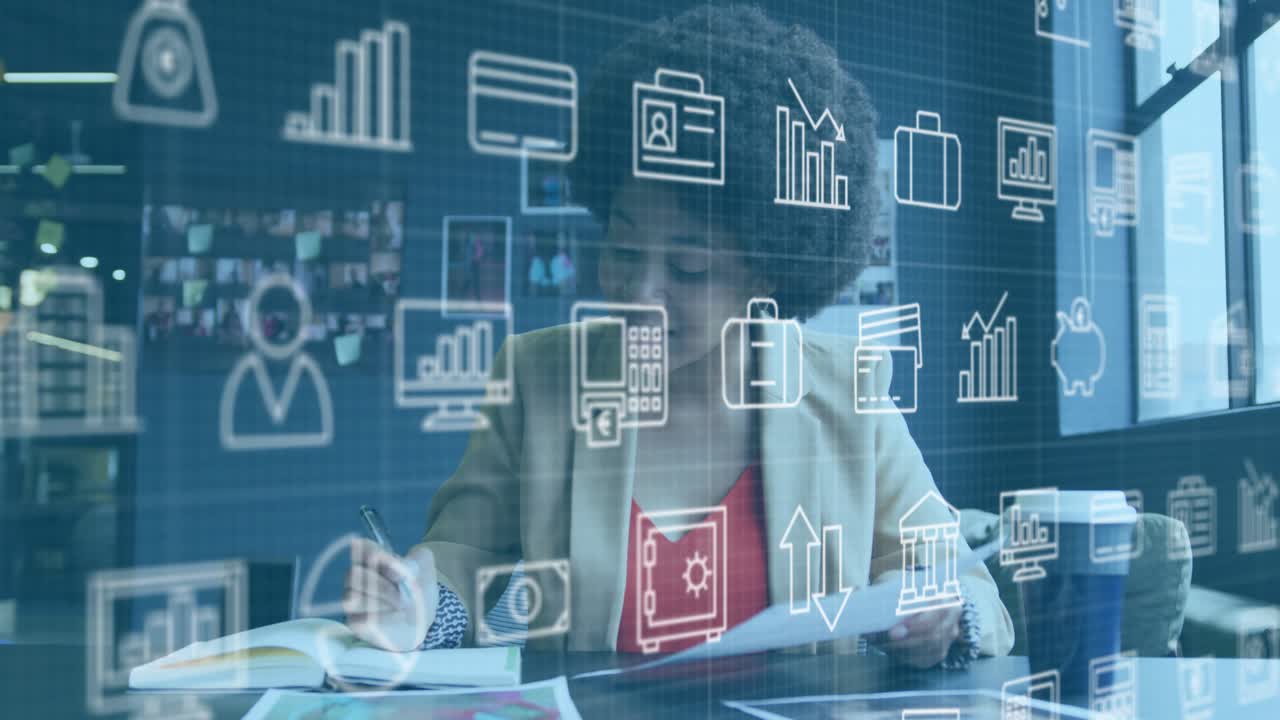 Female exec grabbing papers and annotating for finance review, with chart icons overlaying pages
