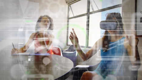 animation of data processing and social media icons over biracial women wearing vr headset