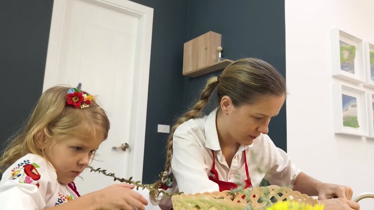 Mother and Daughter Making a Floral Arrangement