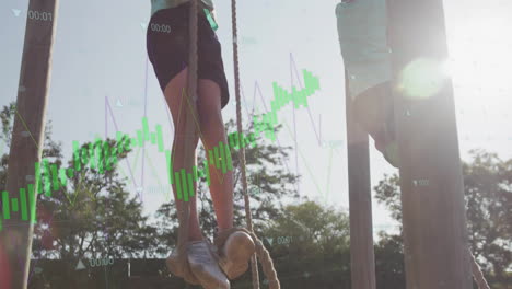 in school, children climbing ropes with financial graph animation overlaying scene