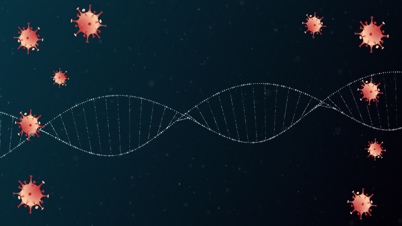animación de las células de covid 19 que se mueven y la hilera de adn que gira