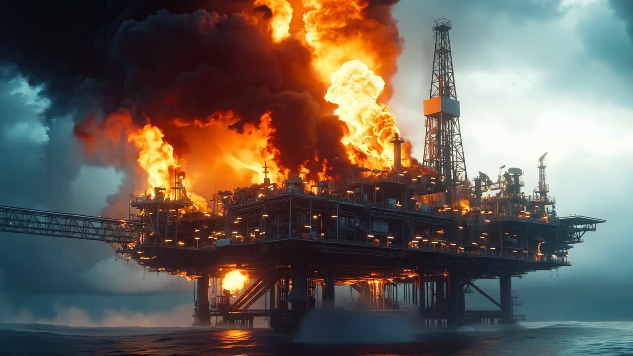 an oil rig on fire in the middle of the ocean | freepik