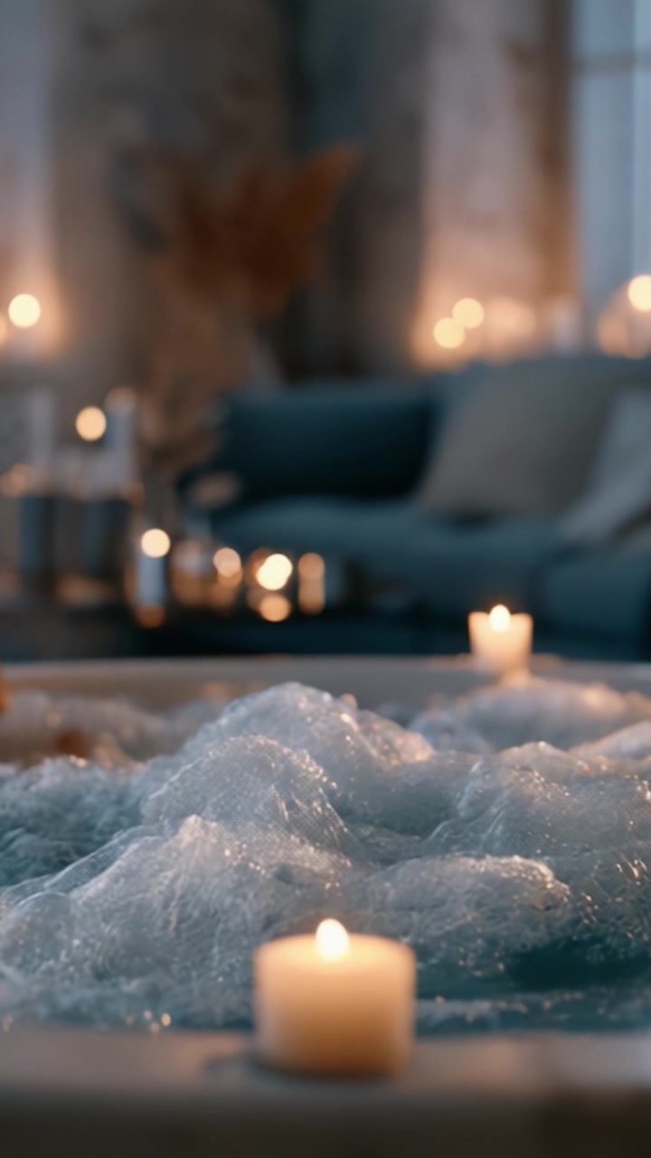 A Serene and Inviting Spa Retreat: Bubbles and Candles Create a Relaxing Atmosphere for a Perfect Evening of Pampering and Rejuvenation