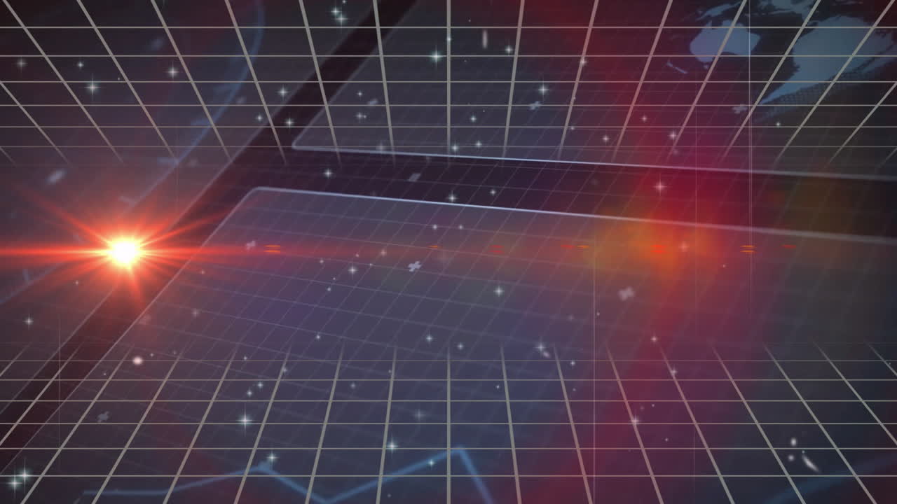 Glowing lights and stars creating futuristic space theme with grid pattern animation