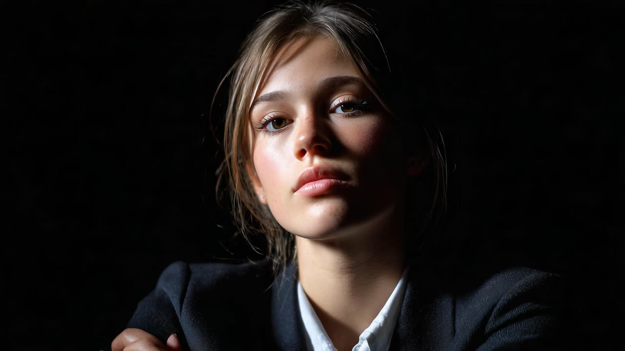 A Profound Moment of Reflection: A Young Woman in a Dark Setting, Capturing the Essence of Serenity and Introspection Through Soft Lighting and Subtle Expressions