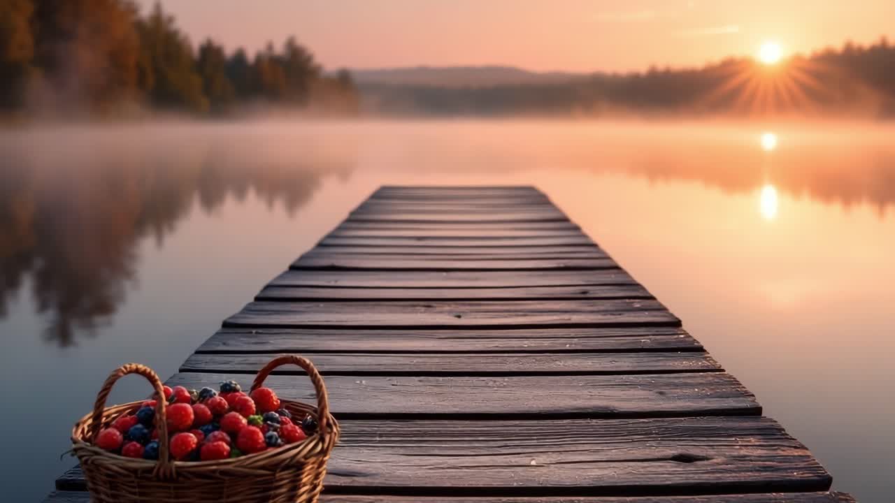 Tranquil wooden dock at sunrise with a basket of fresh berries and misty lake reflections