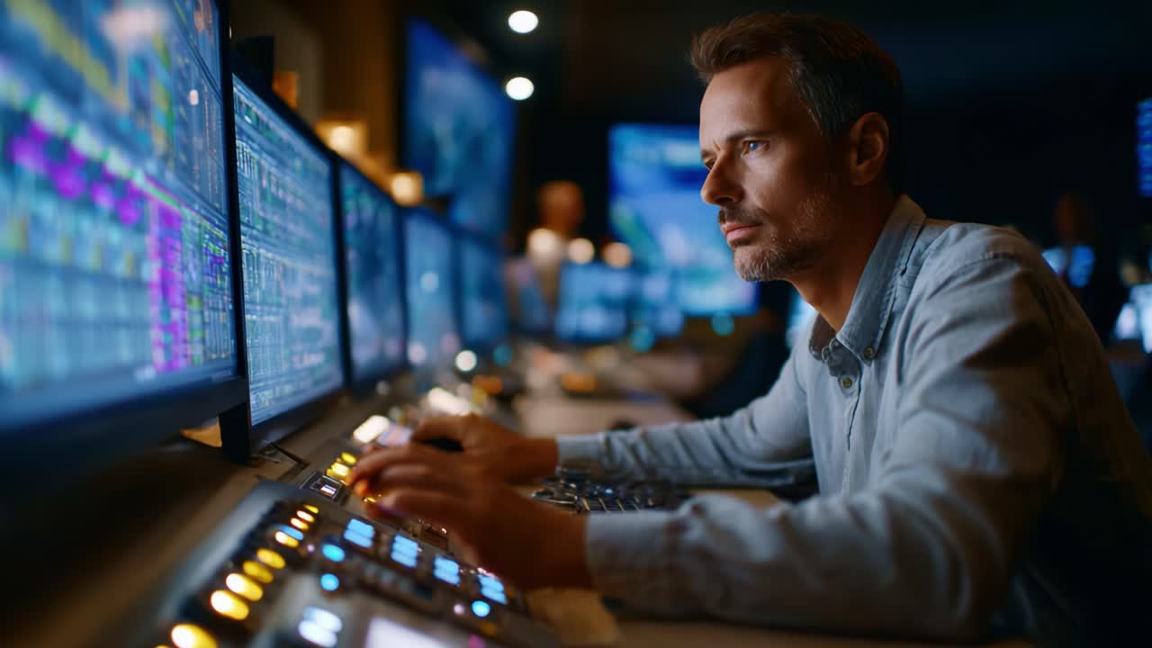 Focused Operator Analyzing Data on Multiple Screens in a High-Tech Control Room, Engaged in Live Monitoring and Decision-Making for Optimal Outcomes