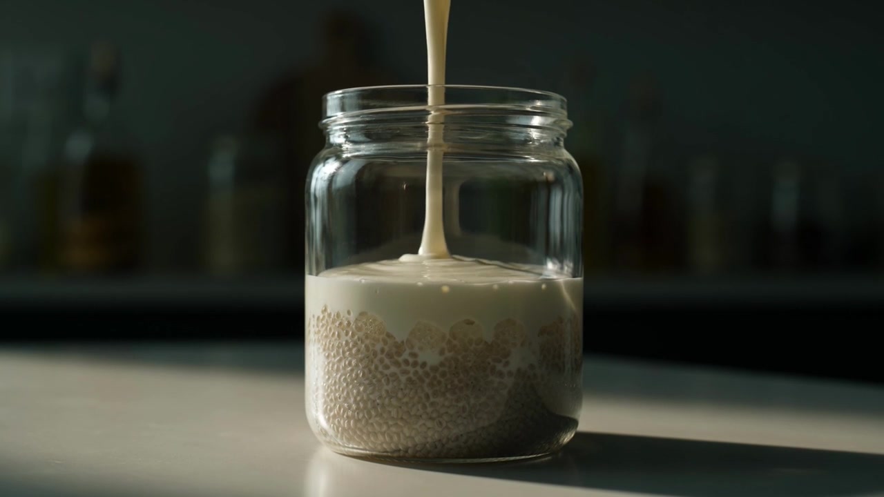 Latte cremoso versato su semi di chia in un barattolo di vetro