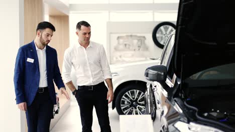 a male client examine car at dealership with the help of auto seller