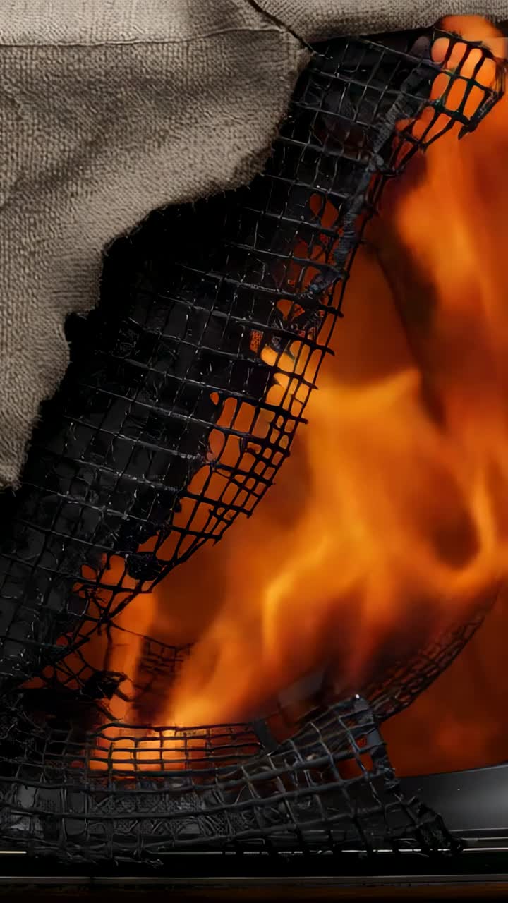 Video verticale: Fiamma che si accende dietro una rete metallica, iuta che si carbonizza nel focolare rivelando le braci.
