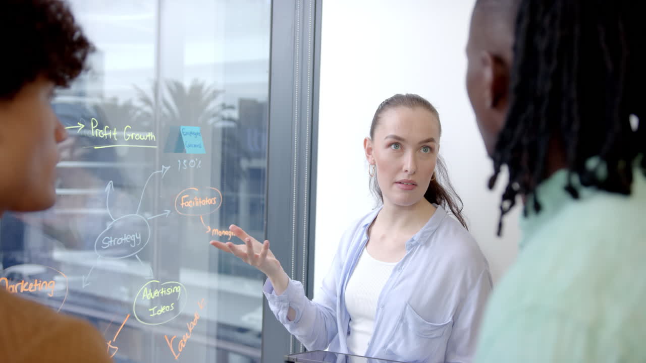 Discussing strategy, business colleagues brainstorming ideas on whiteboard in office