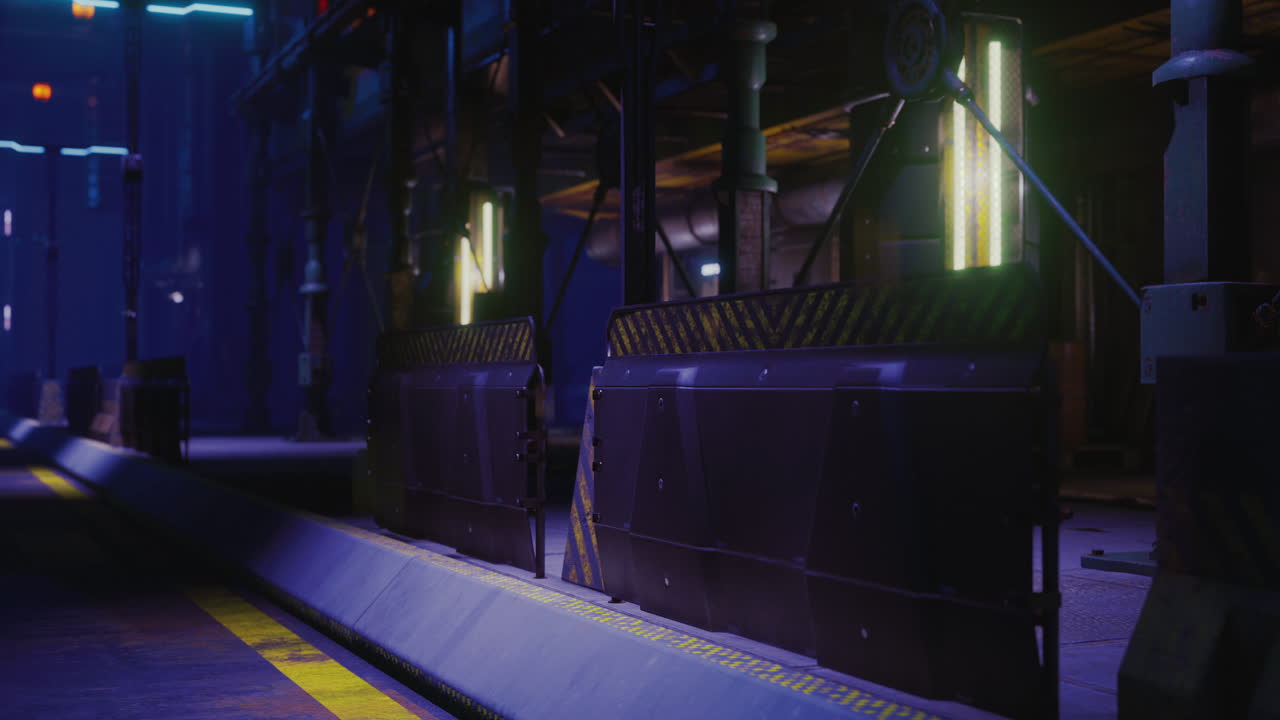 Futuristic warehouse interior with illuminated barriers and industrial elements