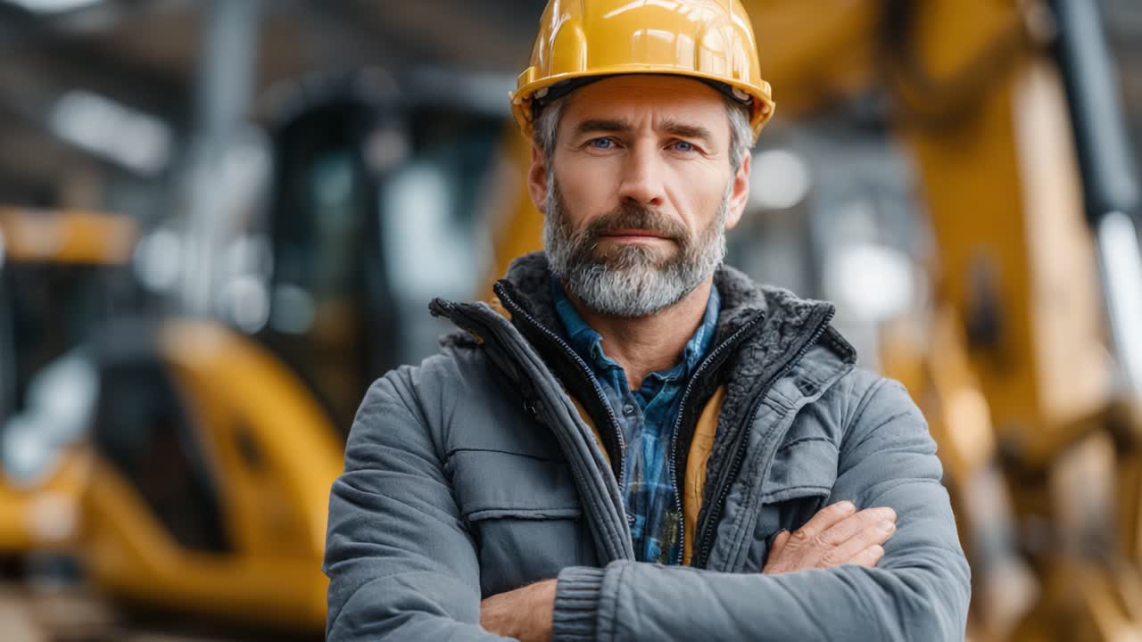 Confident Construction Worker with Safety Helmet in Industrial Environment, Showcasing Expertise and Leadership in Heavy Machinery Operations and Safety Practices