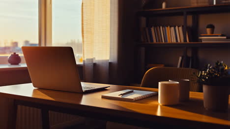 cozy home office with laptop and warm sunlight