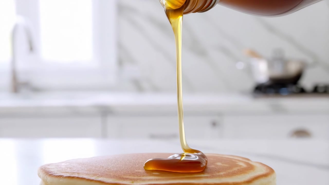 Un primo piano di miele versato sui pancake su un bancone della cucina con uno sfondo bianco e una superficie di legno, creando una scena di colazione deliziosa e appetitosa da una vista dall'alto.