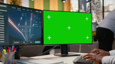 engineer looking at power lines analytics dashboard on isolated screen pc